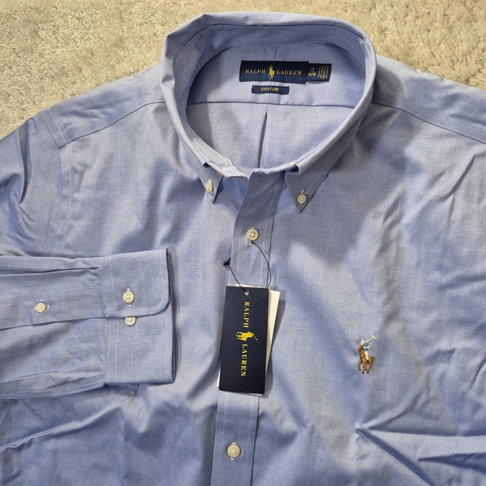 Polo Ralph Lauren Shirt Mens 17 XL 34/35 Blue Flesh Pony Office Preppy Academia